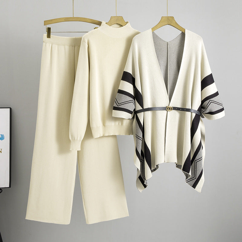 Women's Casual Knitted Shawl Turtleneck Wide Leg Suits