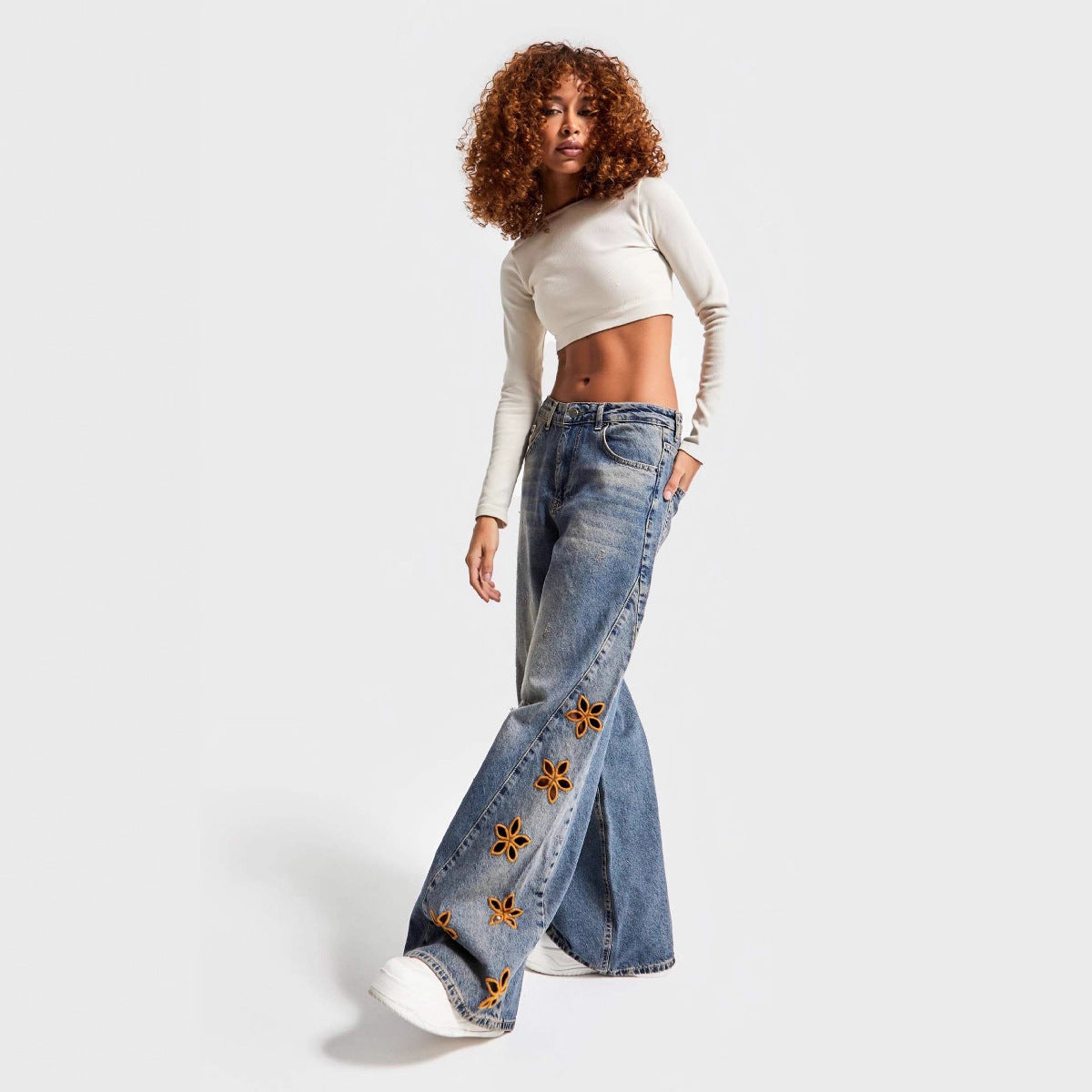 Women's High Waist Loose Embroidered Fashionable Denim Women's Jeans