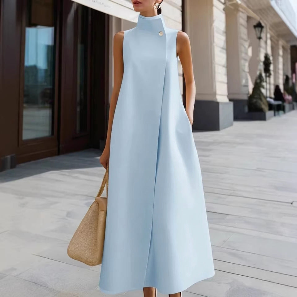 Elegant Commuter Stand Collar One Button Solid Color Sleeveless Dress