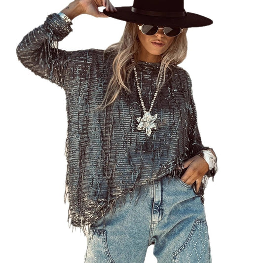 Women's Tassel Long Sleeve Round Neck Fashion Blouses