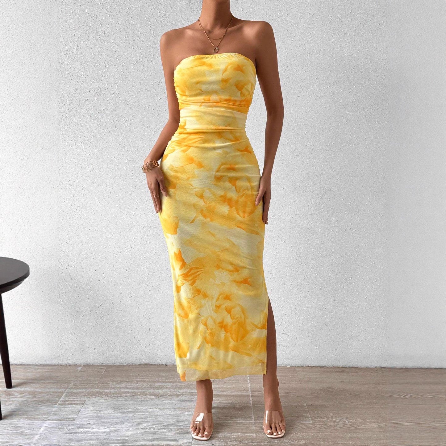 Women's Mesh Floral Print High Waist Slit Dress