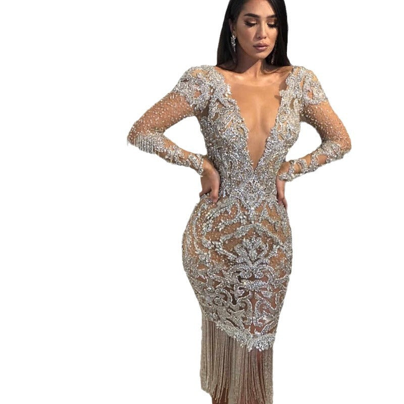 Women's Deep Long Sleeve Gold Maxi Dress Wedding Dresses