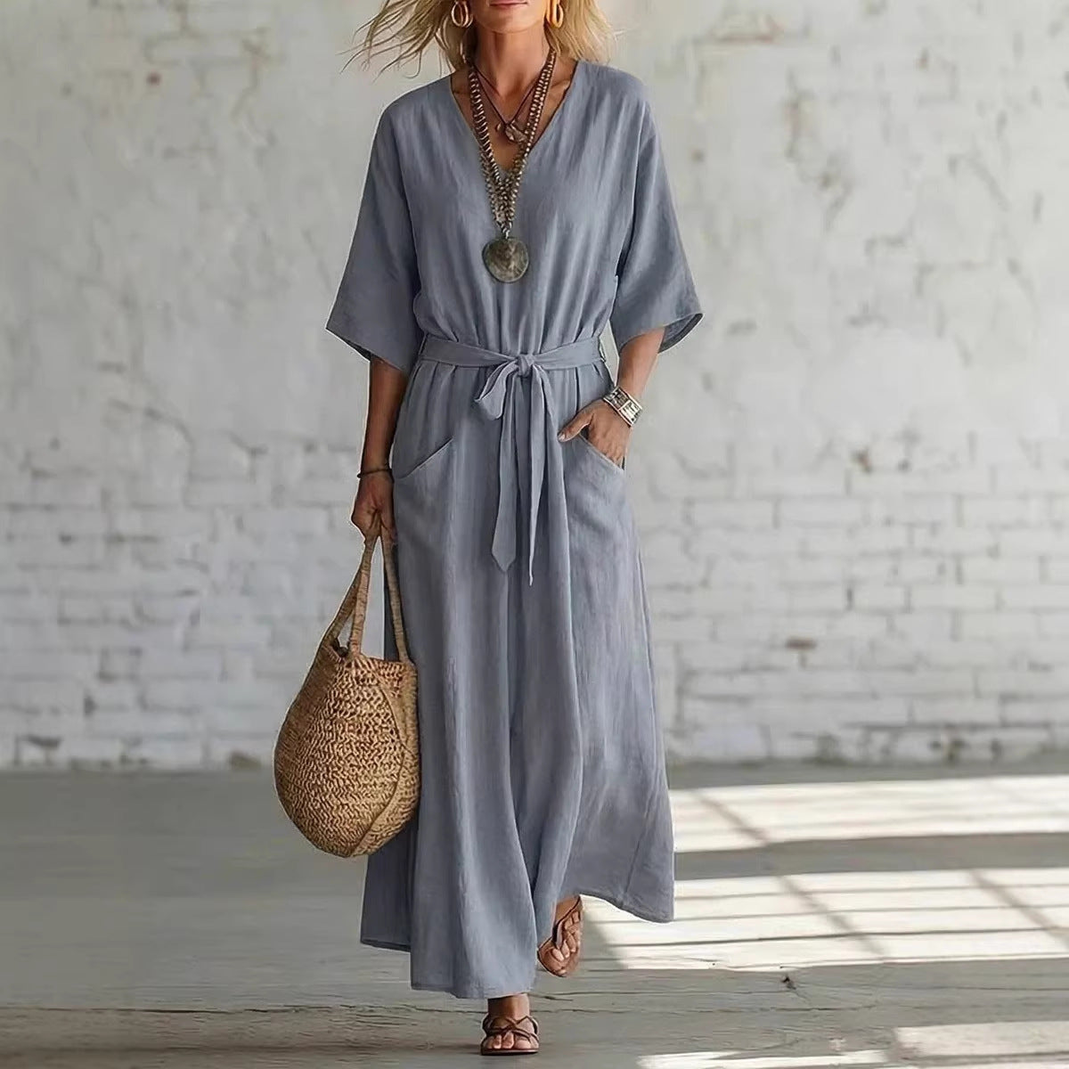 Solid Color Sleeve Vacation Style Loose Dress