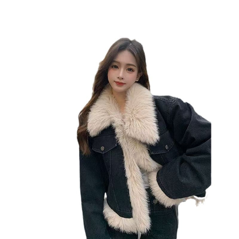 Women's Black Denim Winter Fleece-lined Thickened Imitation Fox Fur Coats