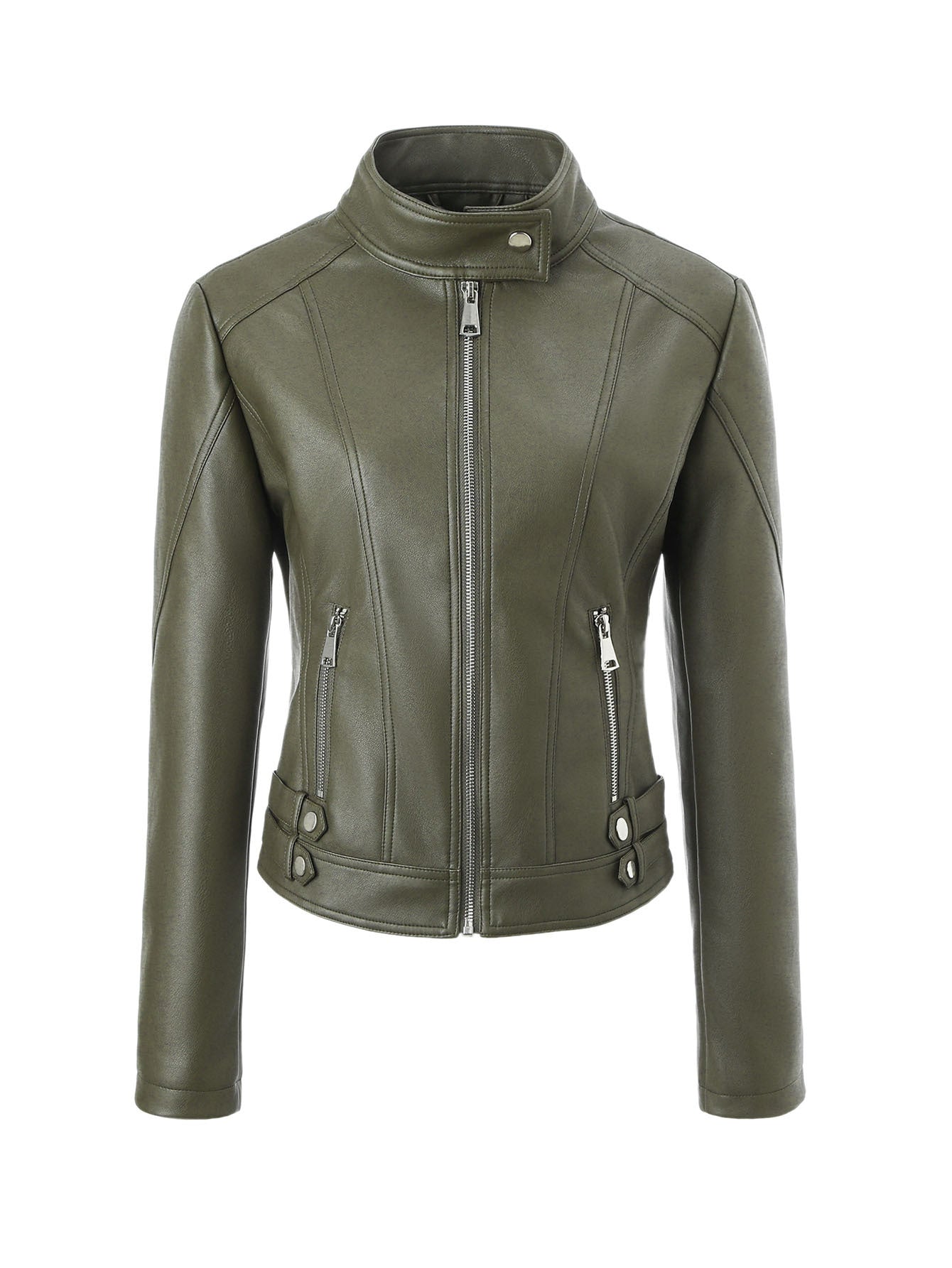 Women's Large Motorcycle Leather Slim Stand Collar Coats