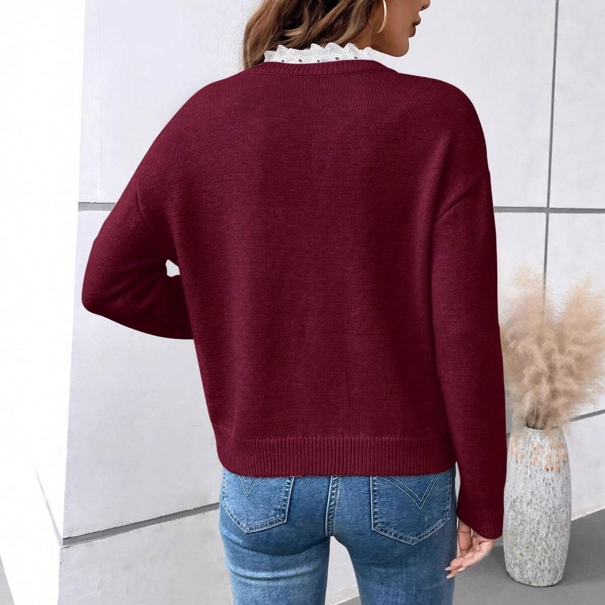 Women's Fashionable Lace Solid Color Loose Long Sweaters