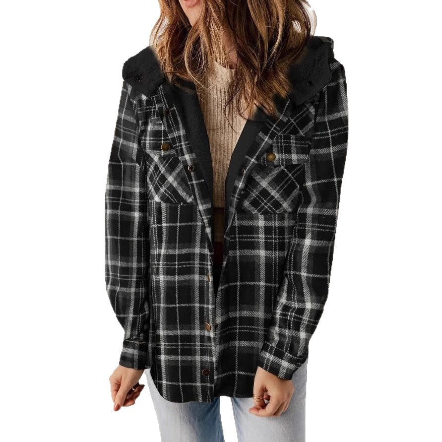 Women's Plaid Long Sleeve Furry Hooded With Coats