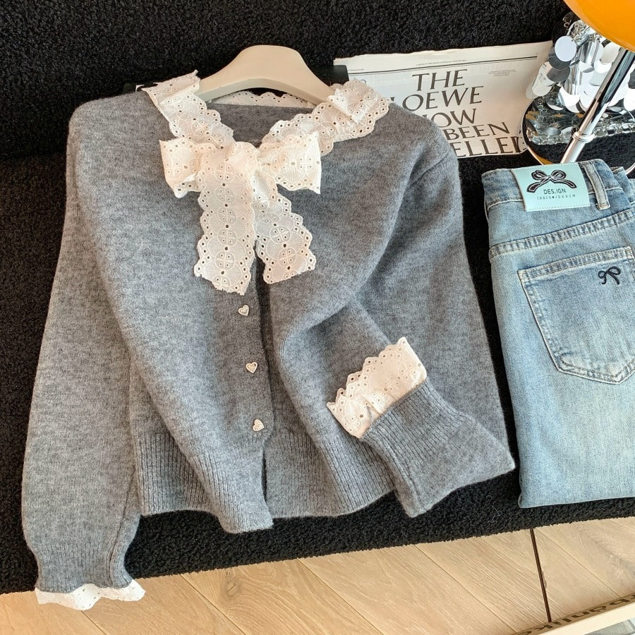 Korean Style Lace Bow Single-breasted Soft Glutinous Sweaters
