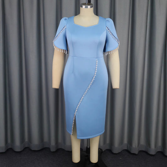 Women's Elegant Style Square Collar Pearl Slit Dresses