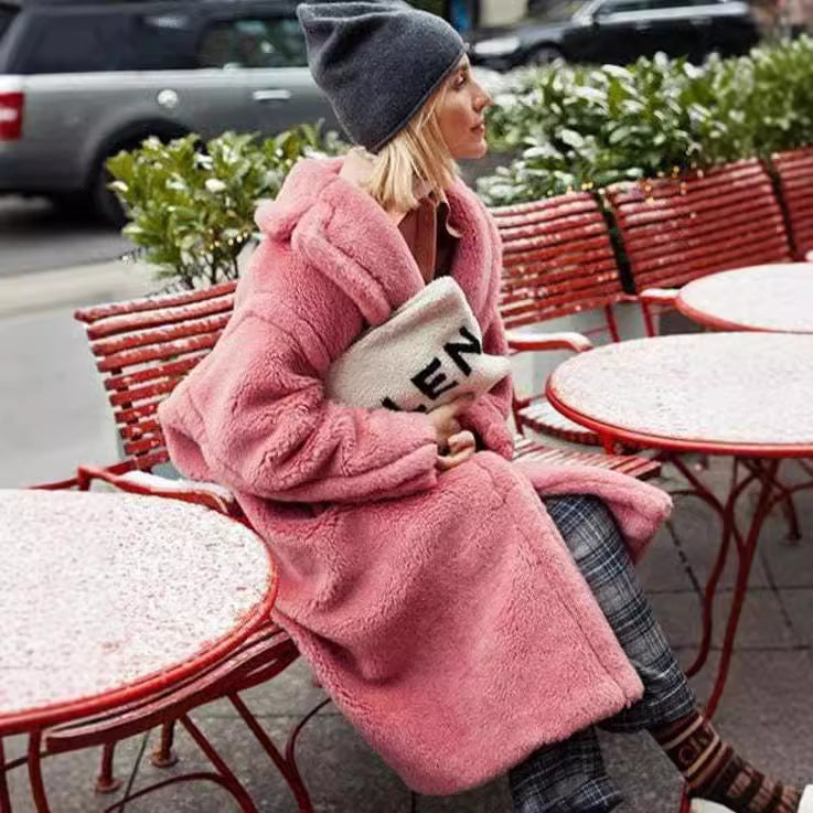 Women's Loose Fur Integrated Faux Mid-length Lamb Coats