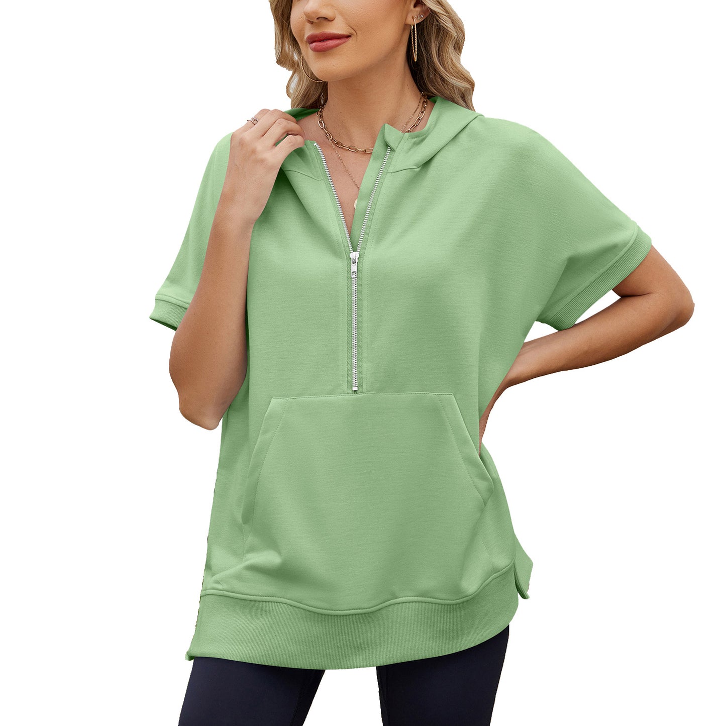 Loose Sleeve Zipper Pocket Thin Hoodies Women's Sweater, Sweater
