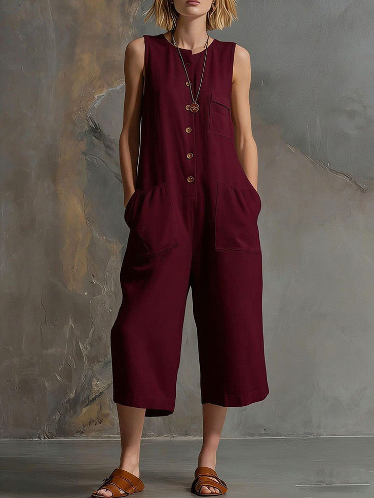 Casual Retro Sleeveless White Wide Leg Women's Jumpsuit/clothing