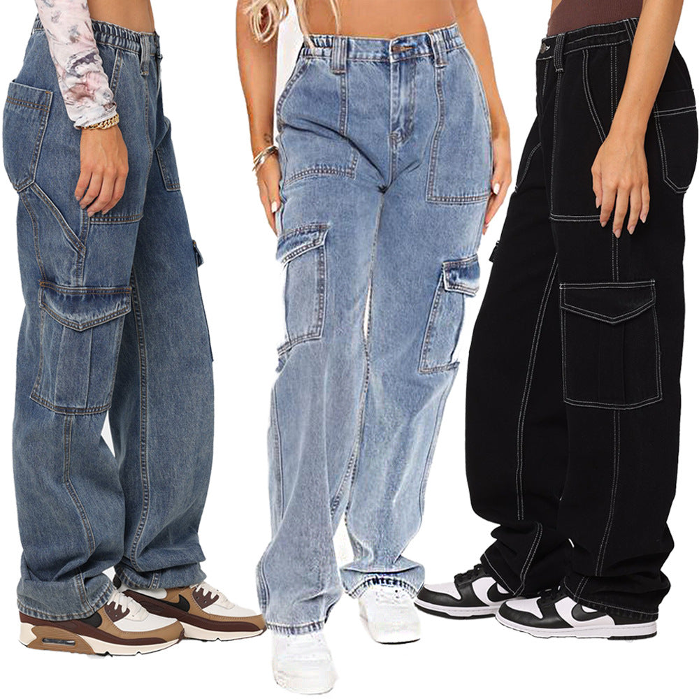 Women's High Waist Elastic Baggy Loose Bags Women's Jeans