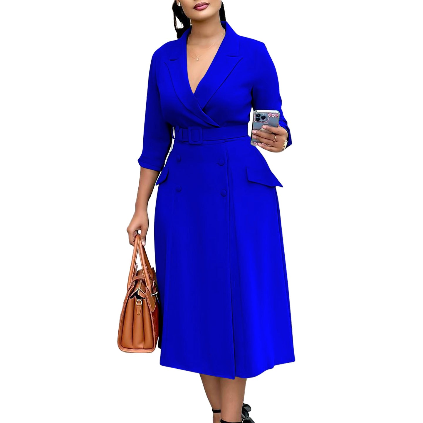 Women's Fashion Elegant Double-breasted Collar Solid Color Dress