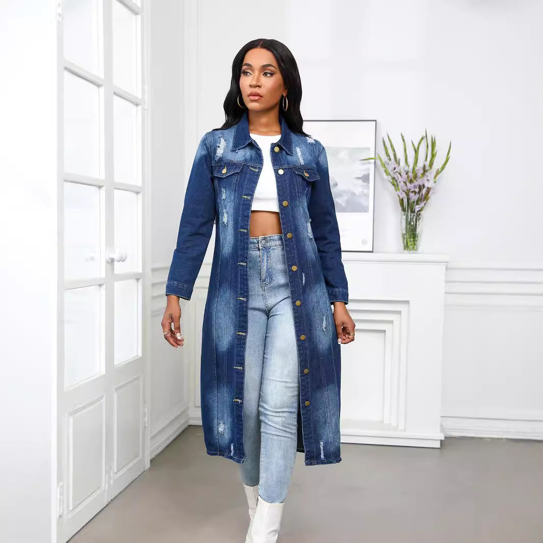 Women's Long Ripped Denim Trench Overcoat Jackets