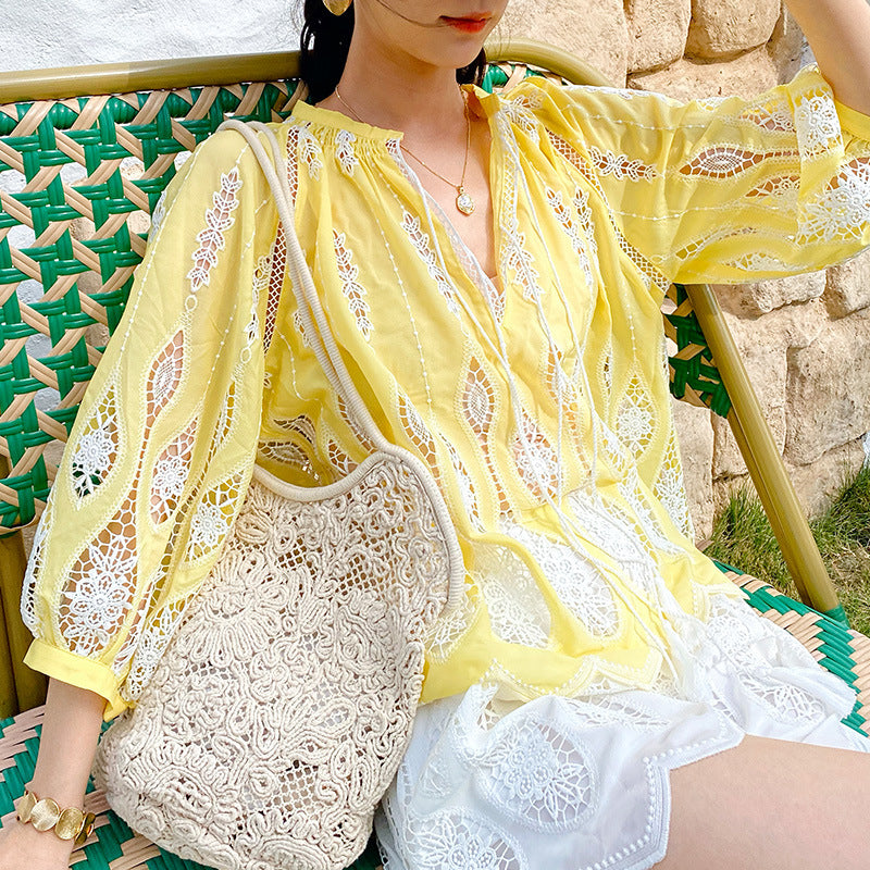 Women's Spring Vacation Style French Embroidery Seaside Blouses