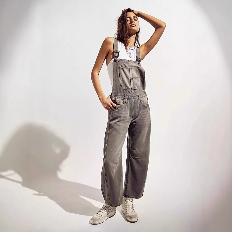 Women's Street Washed-out Vintage Loose Straight Suspender Women's Jeans