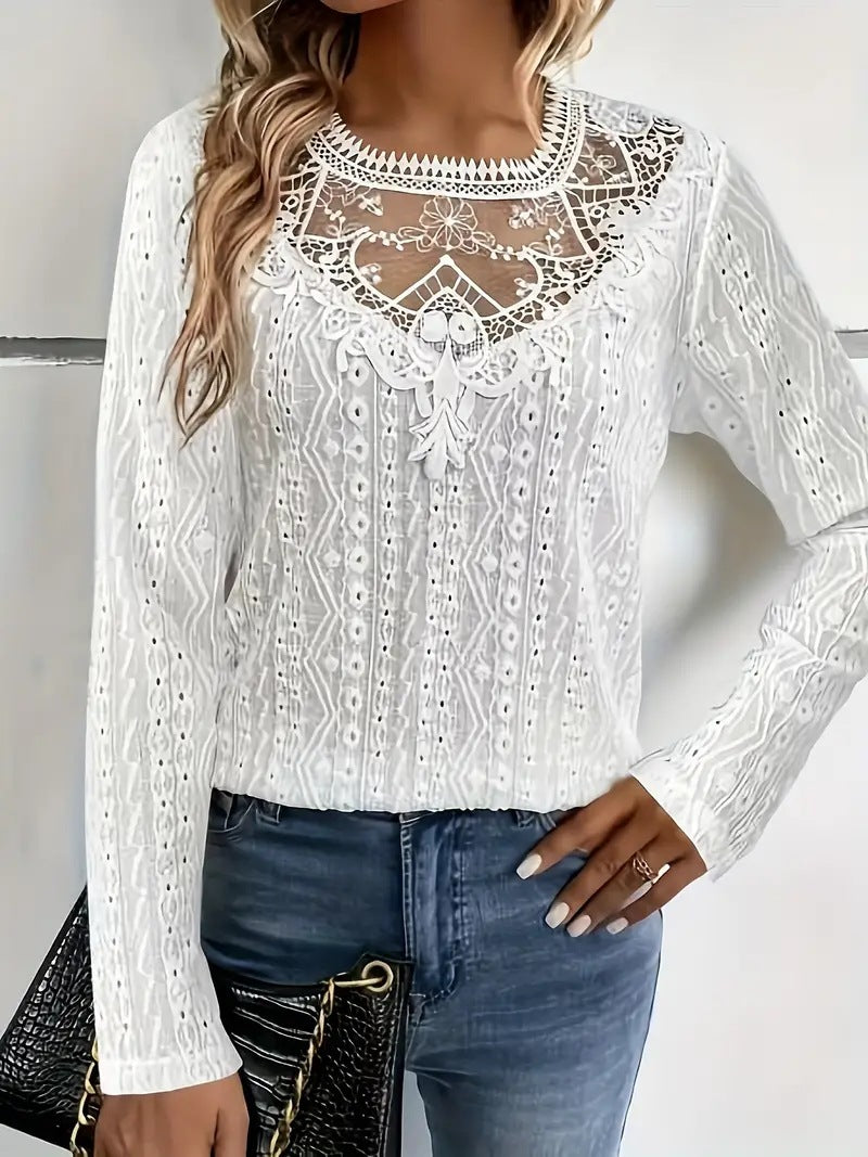 Solid Color Lace Stitching Hollow Long Women's T-shirt