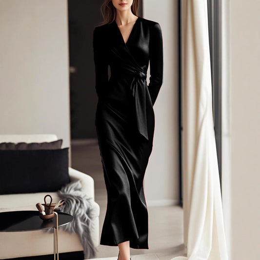 Women's Temperament Long Dress Hepburn Style Satin Dresses
