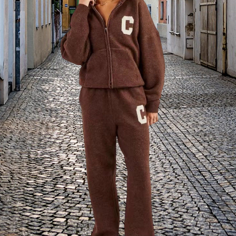 Solid Color Knitted Hooded Loose Trousers Suits