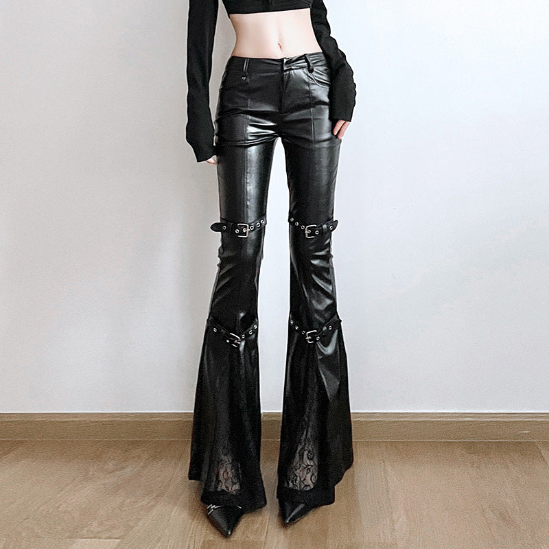 Corns Buckle Lace Stitching Leather Bell-bottom Hot Street Sexy Pants