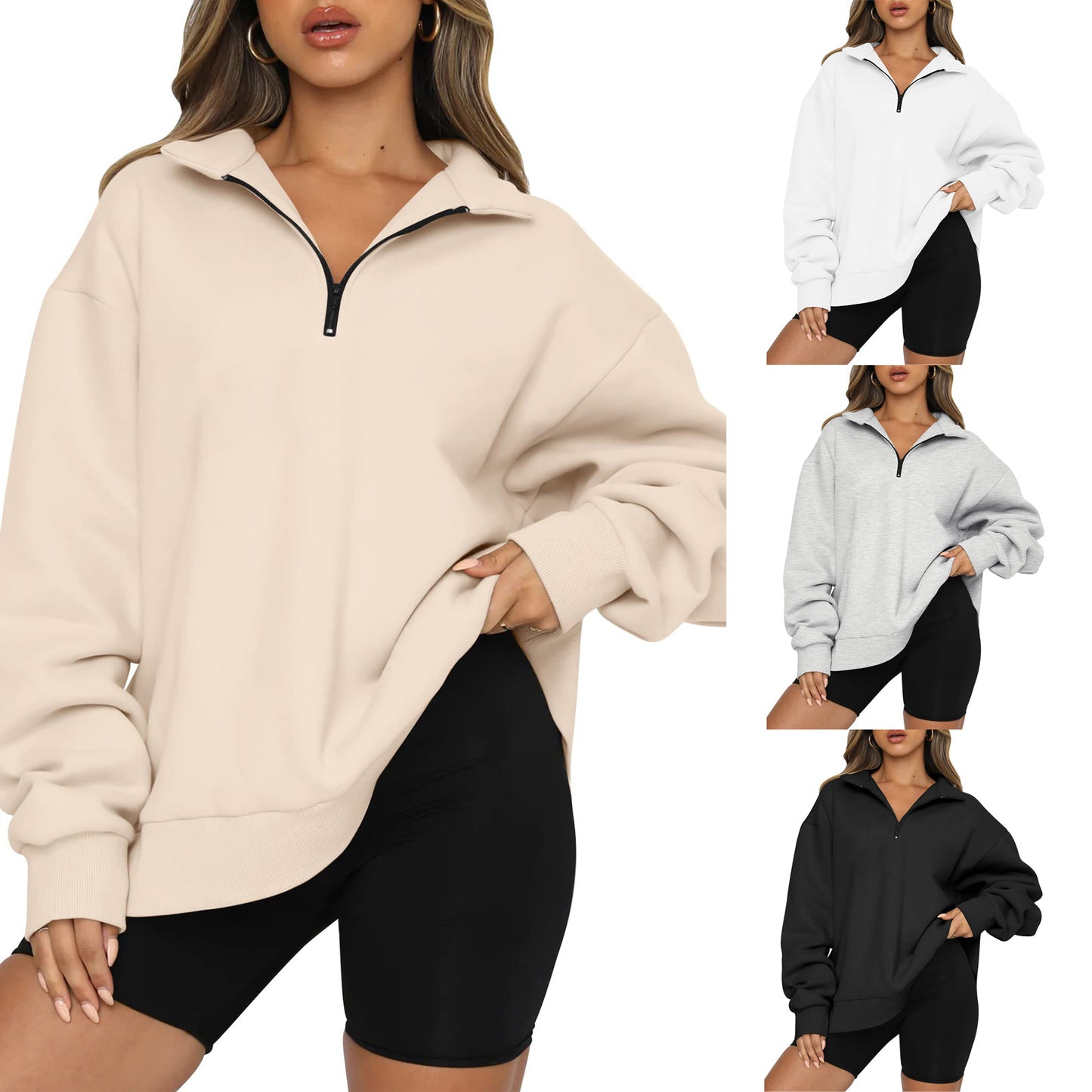 Women's Zipped Stand Collar Pullover Pocket Casual Loose Women's Sweater, Sweater