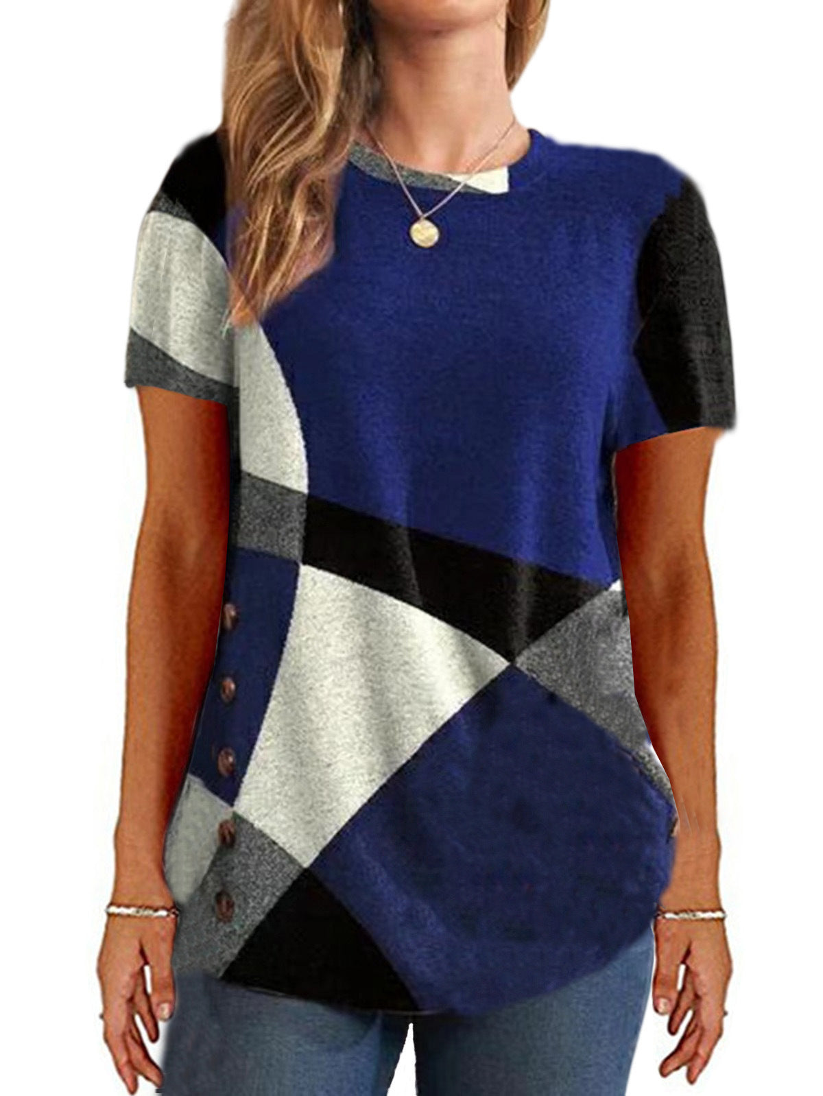 Women's French Cashmere Printing Color Contrast Sleeve Women's T-shirt