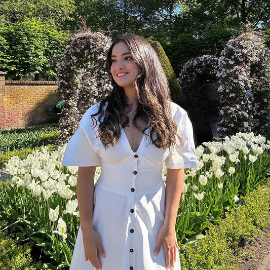 Women's Fashion Button Decoration Waist Solid Color Dresses