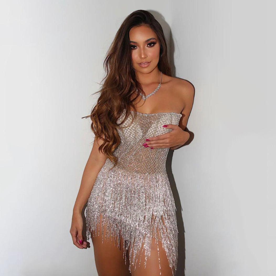 Women's Slim Dress Sexy Irregular Tassel Tube Dresses