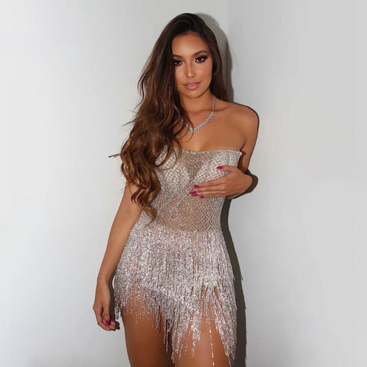 Women's Slim Dress Sexy Irregular Tassel Tube Dresses
