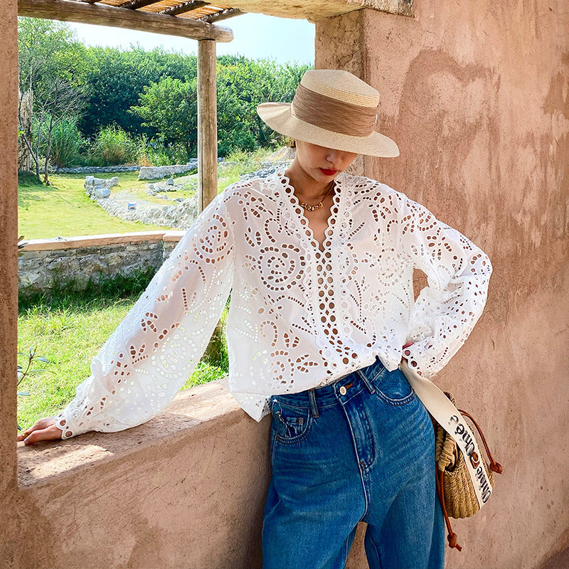 Women's Cotton Embroidered French White Shirt Long Blouses