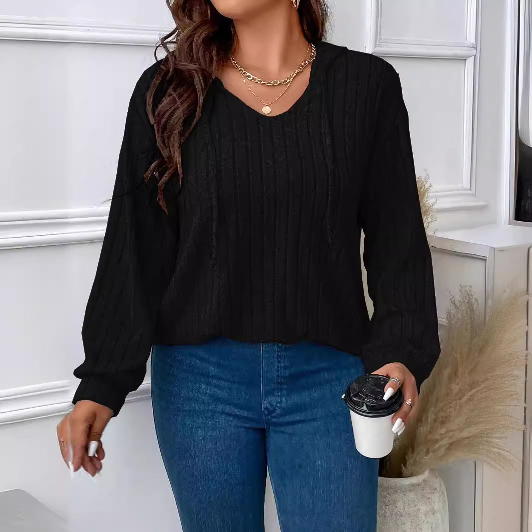 Women's Color Clothes Hooded Long Sleeve Sunken Stripe Women's T-shirt