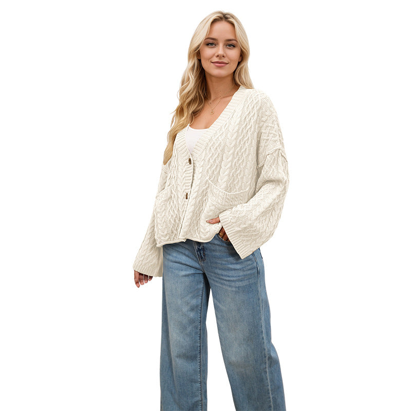 Solid Color Twist Single-breasted Double Pocket Sweaters