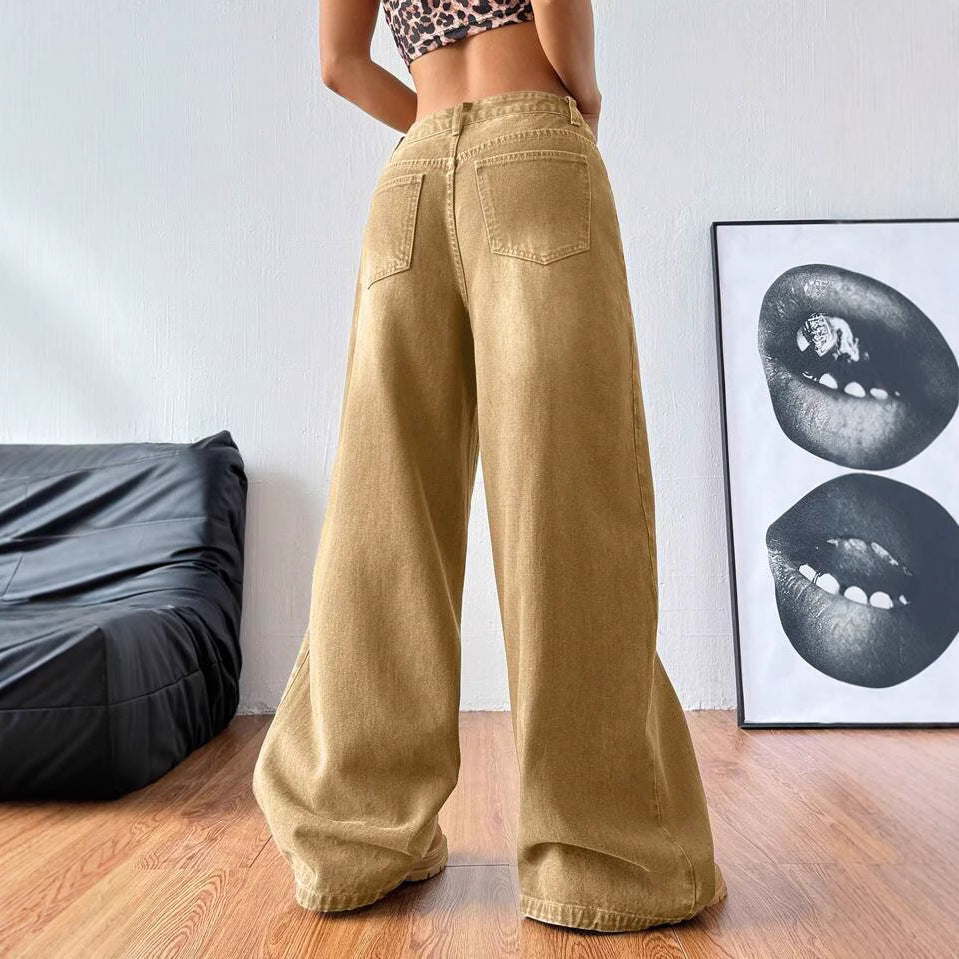 Khaki Leisure Cargo Washed Loose Straight Jeans