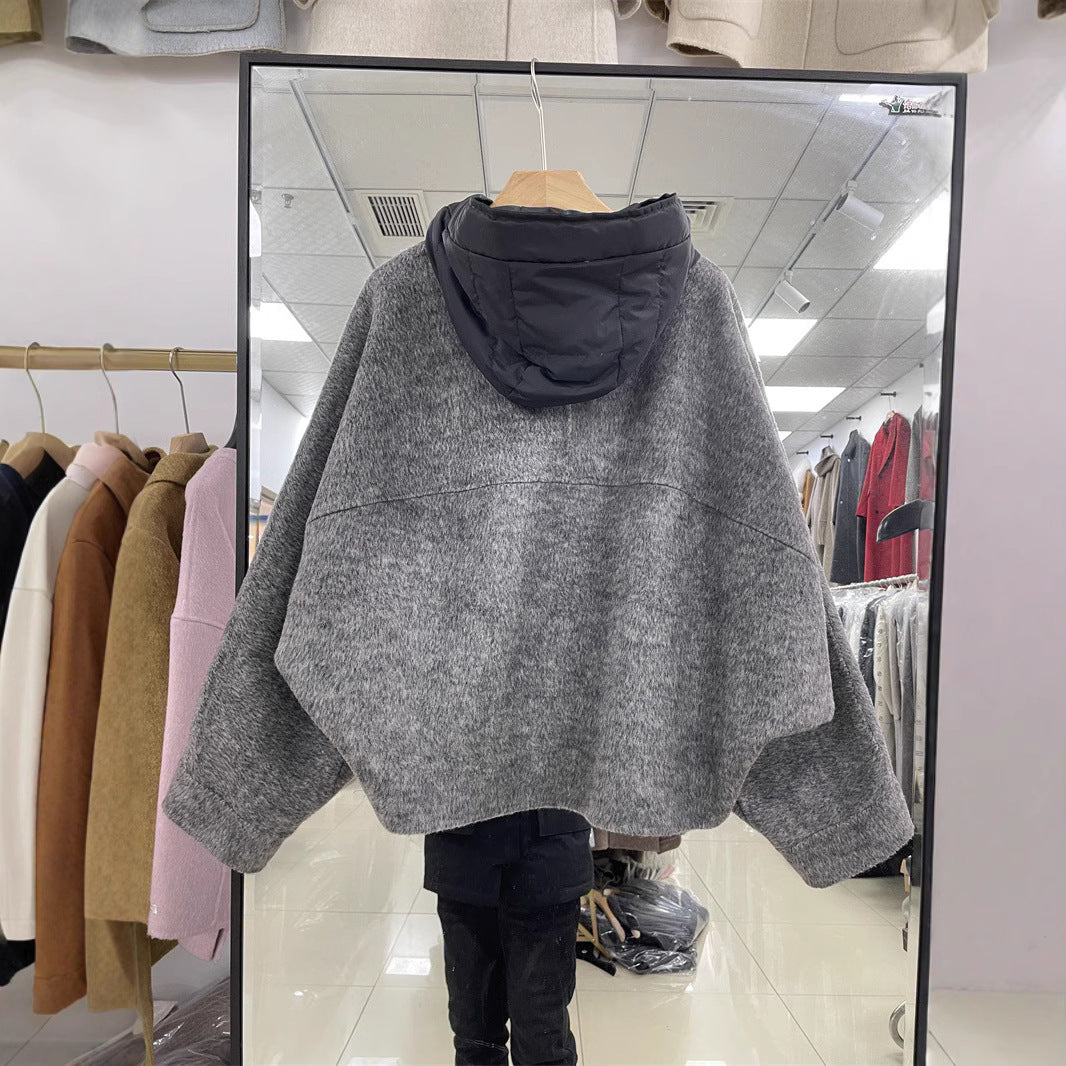 Women's Woolen Double-faced Goods Wool Overcoat Hooded Batwing Coats