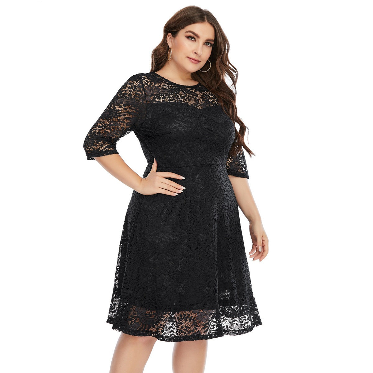 Women's Round Neck Lace Mid-length Formal Dress Dresses