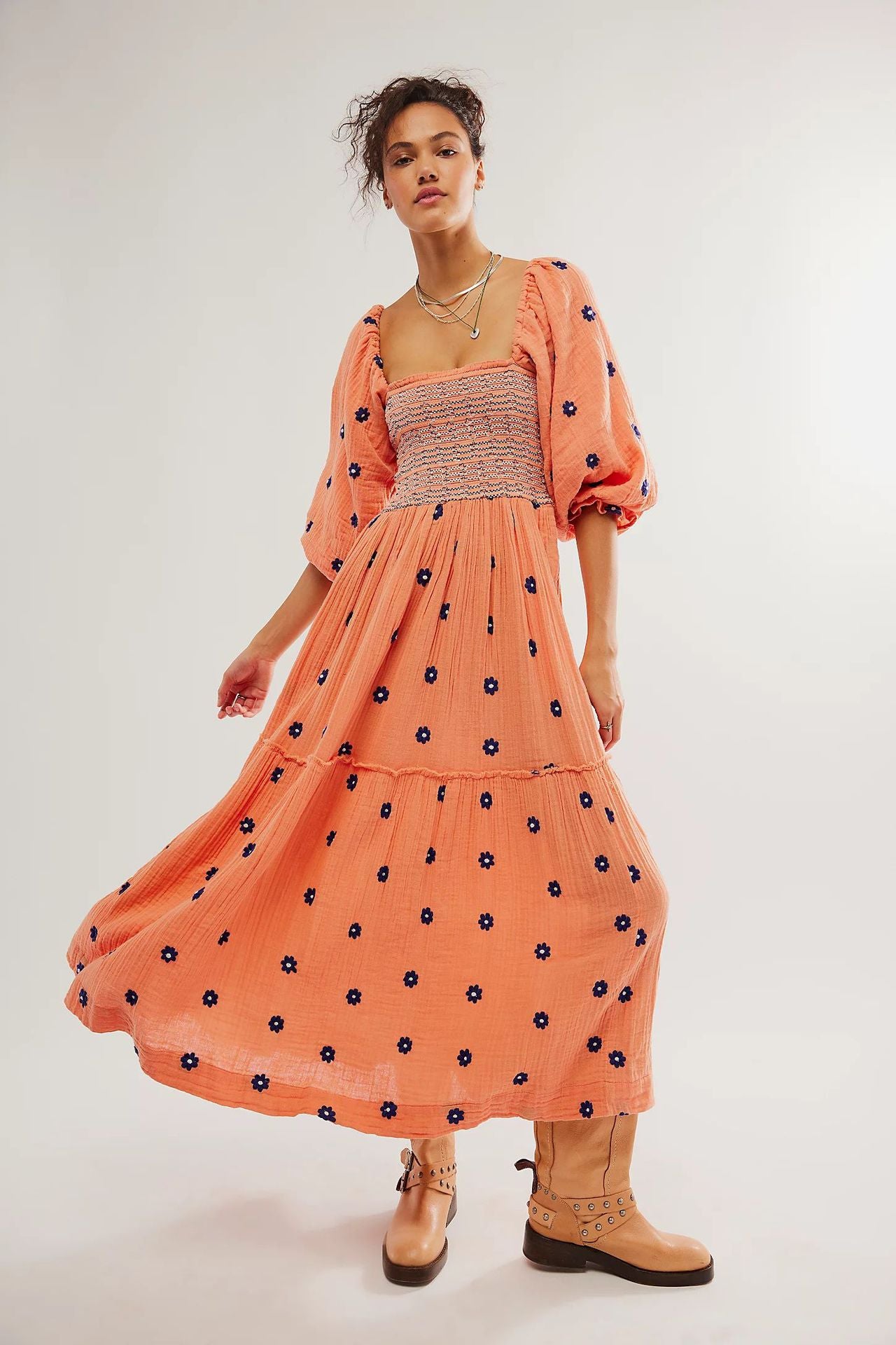 Autumn Casual Bell Sleeve Smocking Embroidered Square Dresses