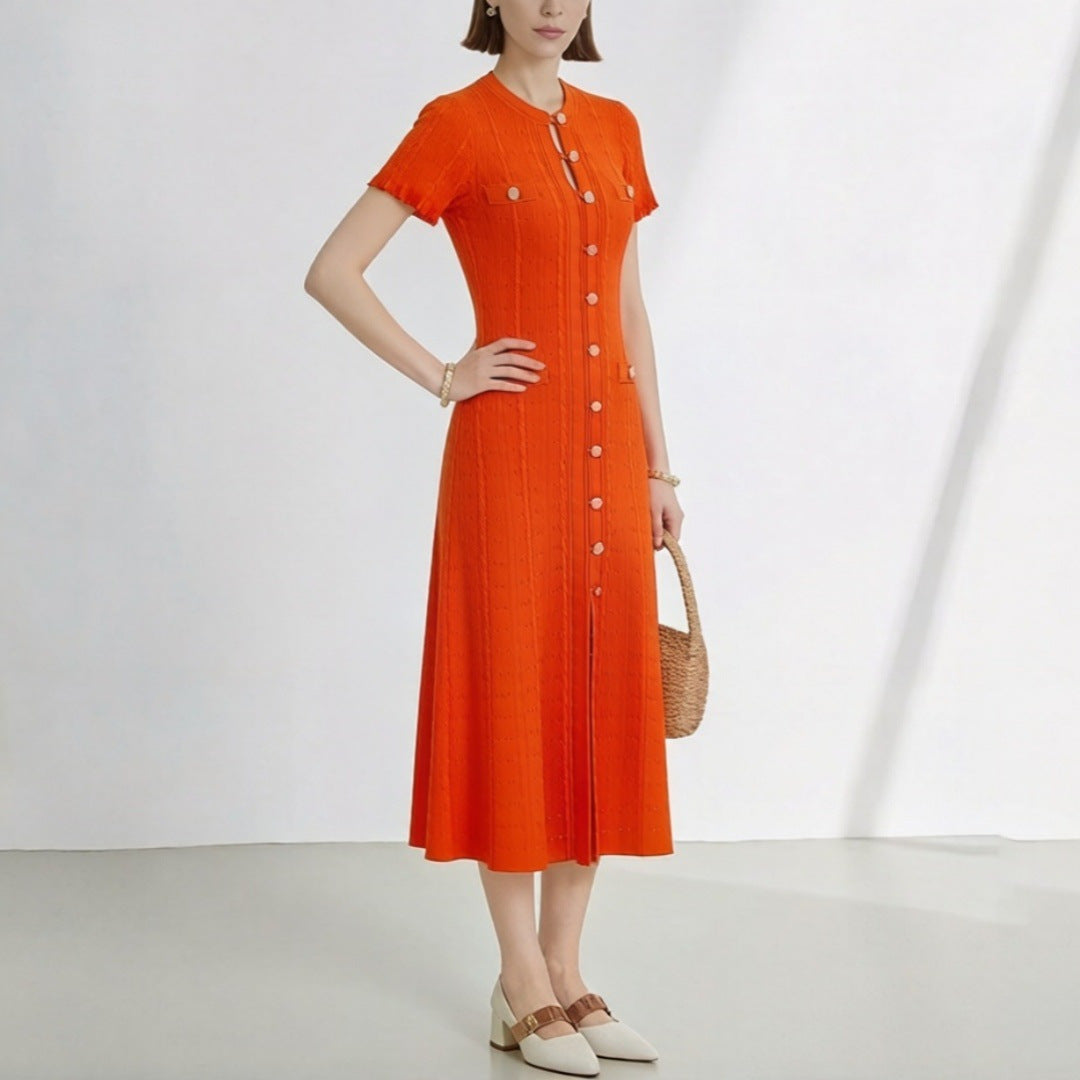Women's High Quality French Style Temperament Sleeve Hollow Thread Single-breasted Dress