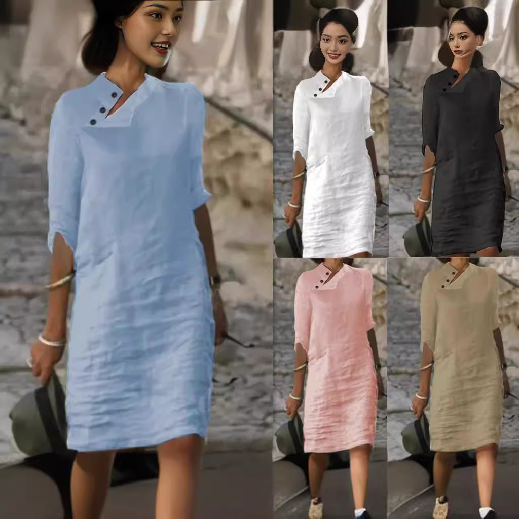 Casual Stand Collar Button Cotton Linen Solid Dress