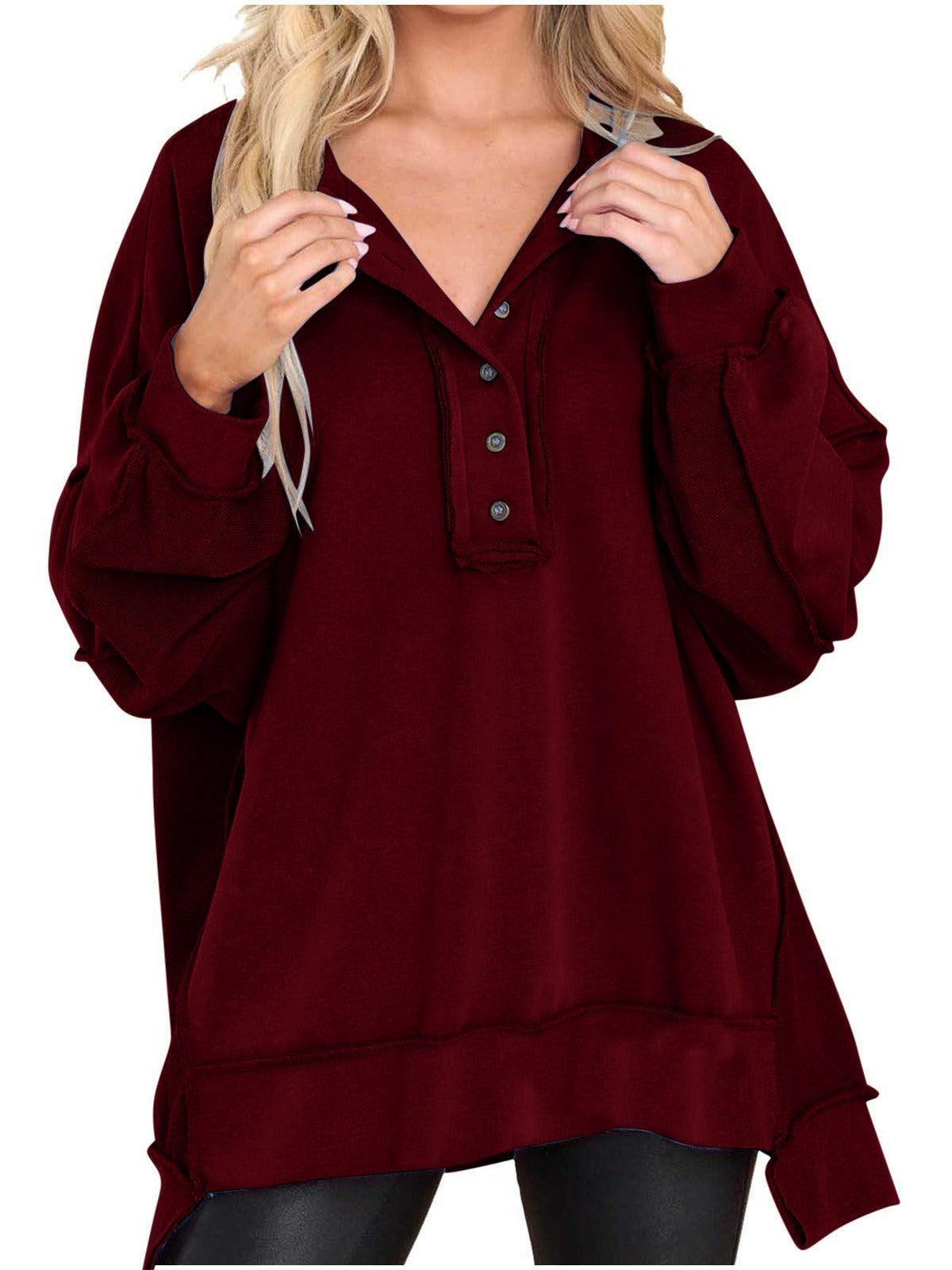 Women's Round Neck Solid Color Buttons Loose Tops