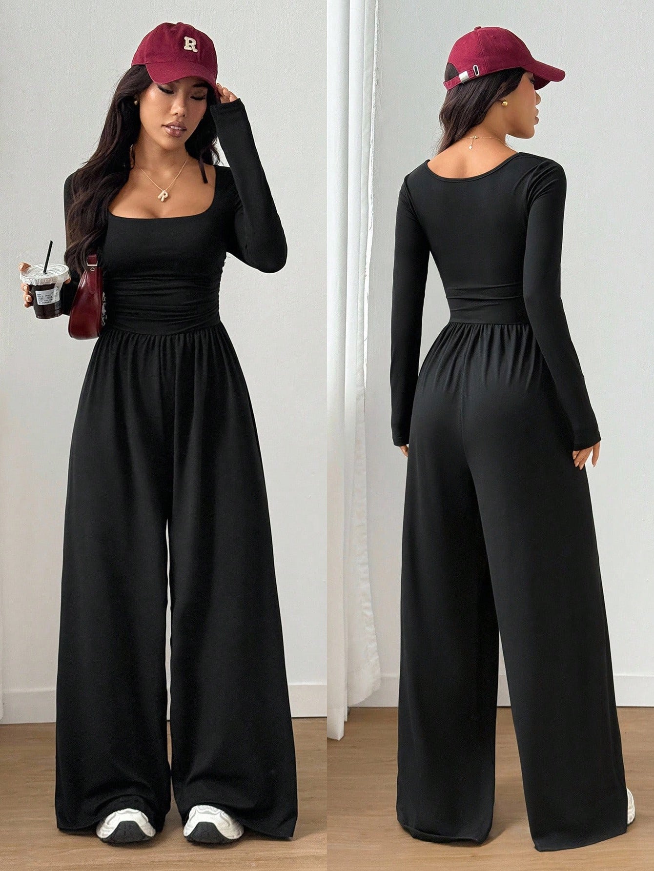 Women's Square Collar Long Sleeve Tight Waist Pants