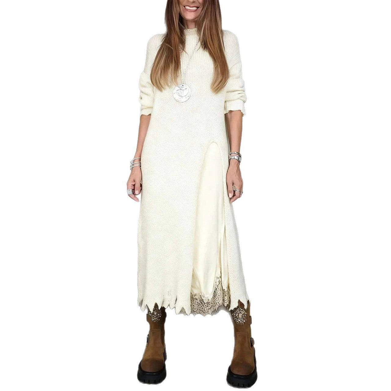 Autumn Lace Sling Slit Woolen Two-piece Skirts