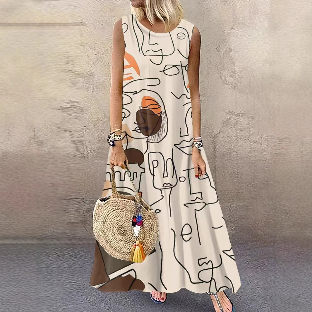 Women's Round Neck Printed Sleeveless Large Long Dress