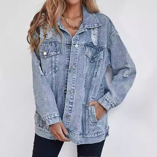 Lady's Denim Fashion Boyfriend Ripped Distressed Jackets