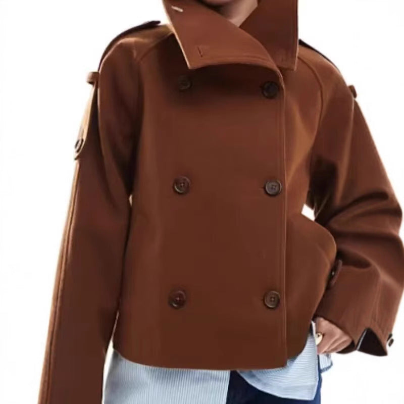 Women's Quality Woolen Stand Collar Double Breasted Temperament Coats