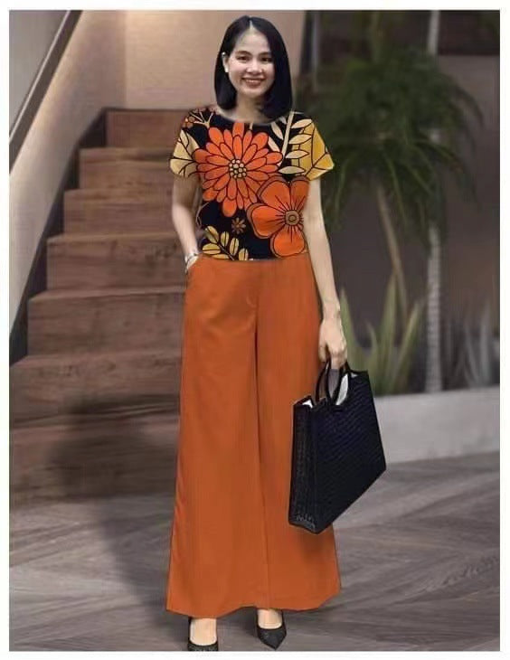 Women's Color Loose Short-sleeved Printed Trousers Two-piece Set Fashion Casual Suit