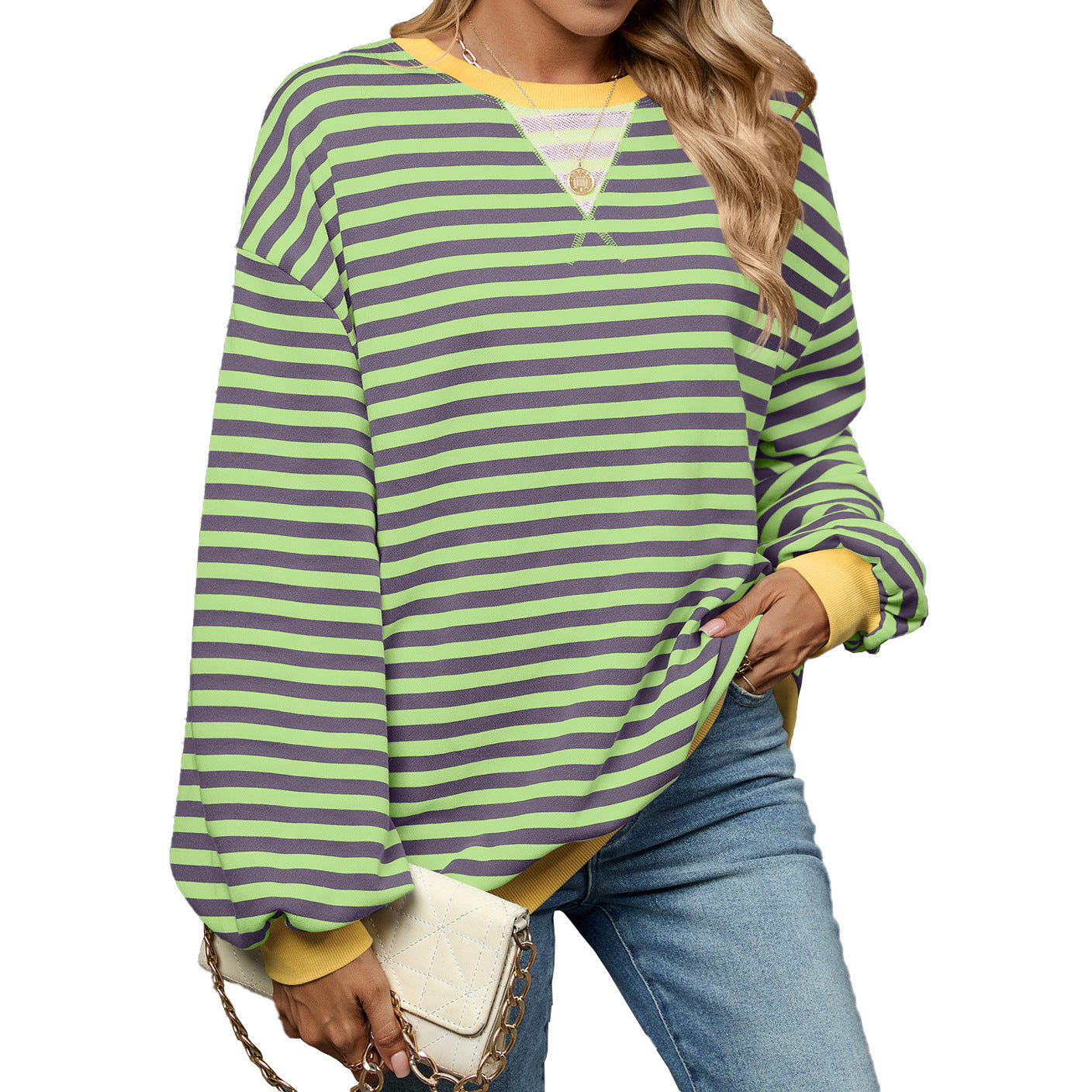 Women's Color Contrast Patchwork Loose Long Sleeve Striped Round Neck Sweaters