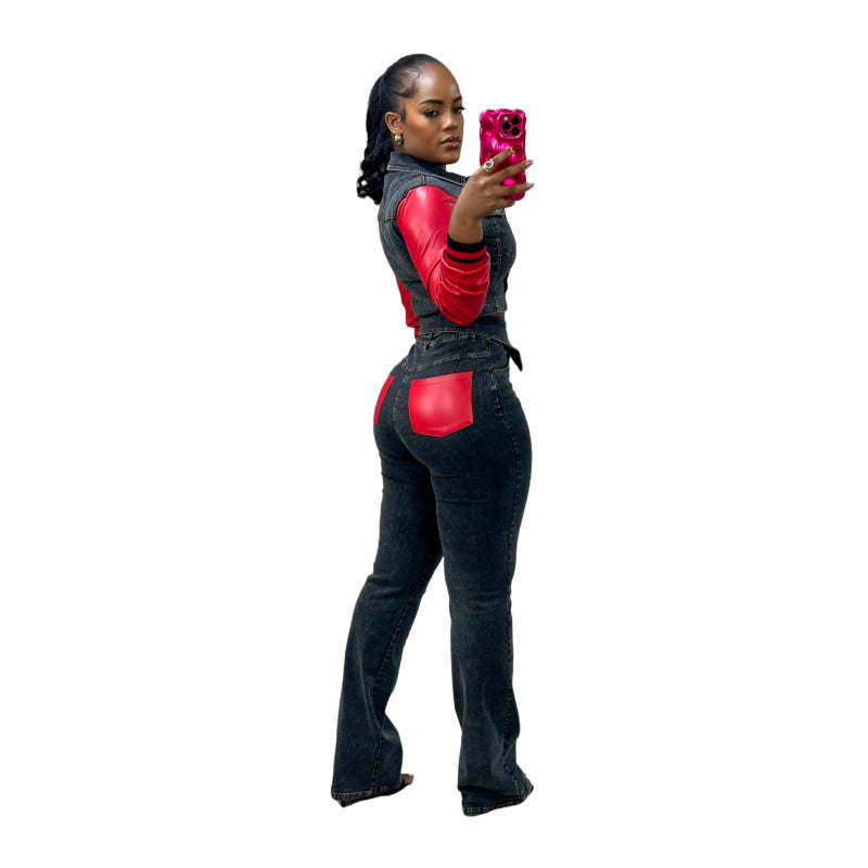 Women's Denim Leather Stitching Stretch Trousers Suits