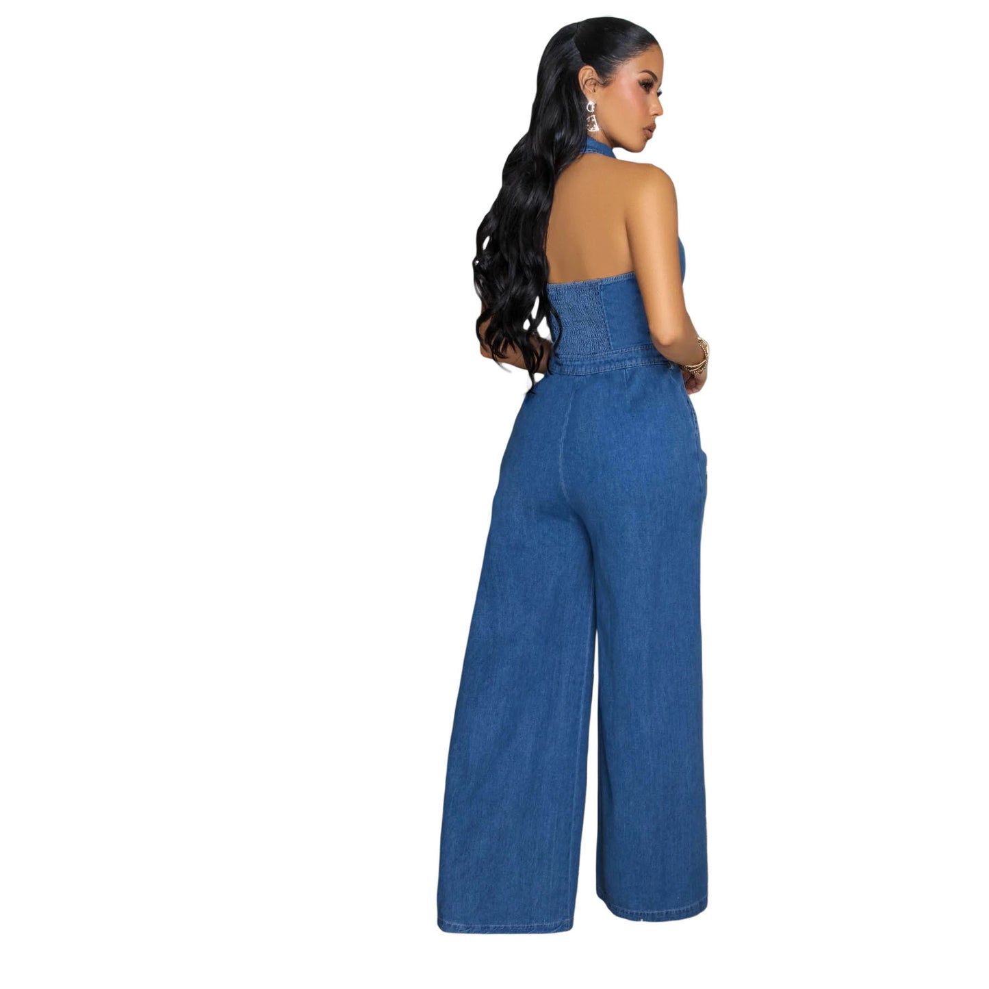 Women's High Elastic Sexy Backless Lapel Wide Jeans