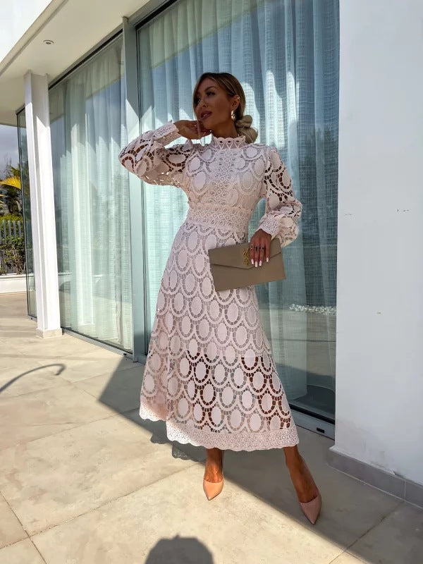 Sexy Hollow Long-sleeved Stand Collar Large Dress